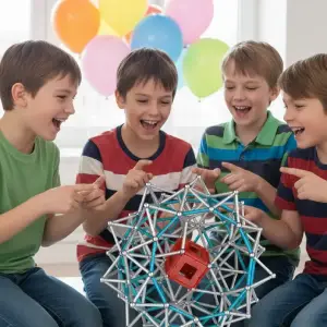 Groupe d'enfants enthousiastes autour d'une méga structure Geomag construite avec des centaines de barrettes, sphères et panels lors d'un anniversaire Mag4play à Lyon, dans le Rhône, en Rhône-Alpes et en Suisse romande.