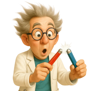 Plan rapproché de "Prof Mag" tenant une barrette magnétique Geomag dans chaque main, illustrant la force d'attraction ou de répulsion magnétique lors d'un atelier Mag4play à Lyon, dans le Rhône, en Rhône-Alpes et en Suisse romande.