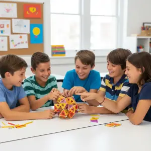 Groupe d'enfants participant à un atelier périscolaire Mag4play, construisant ensemble une grande structure complexe avec des barrettes, des sphères et des panels Geomag à Lyon, dans le Rhône, en Rhône-Alpes et en Suisse romande.