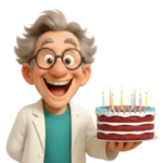 Prof Mag souriant, tenant un gâteau d'anniversaire allumé d'une main lors d'un atelier anniversaire Mag4play à Lyon, dans le Rhône, en Rhône-Alpes et en Suisse romande.