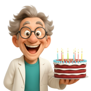 Prof Mag souriant, tenant un gâteau d'anniversaire allumé d'une main lors d'un atelier anniversaire Mag4play à Lyon, dans le Rhône, en Rhône-Alpes et en Suisse romande.