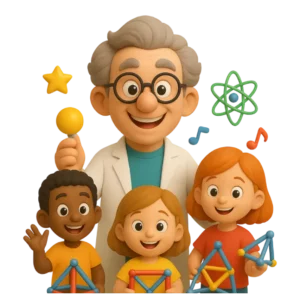 Prof Mag entouré d'enfants pour son atelier périscolaire et découvrir la magie des barrettes magnétiques geomag