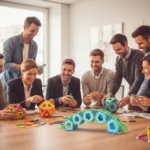 Photographie immersive montrant une équipe de collaborateurs adultes en plein atelier de Team Building Mag4play. Réunis autour d'un îlot de travail, ils collaborent avec enthousiasme et éclats de rire pour résoudre un défi de construction complexe en Geomag, illustrant une synergie d'équipe forte et une ambiance de travail positive