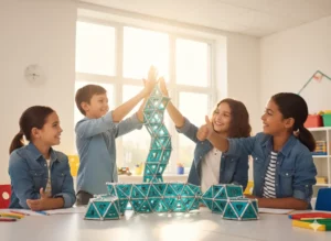 Photographie joyeuse d'un groupe d'enfants en centre de loisirs, célébrant avec enthousiasme la finalisation d'une tour monumentale en Geomag. Les enfants posent fièrement autour de leur structure colorée dans une salle d'activités lumineuse, illustrant un moment de triomphe collectif et de créativité partagée lors d'une animation Mag4play