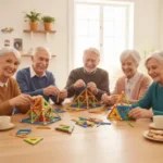 Groupe de séniors attentifs construisant des pyramides avec des barrettes, des sphères et des panels Geomag lors d’un atelier cognitif Mag4play à Lyon, dans le Rhône, en Rhône-Alpes et en Suisse romande.