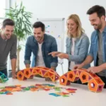 Groupe d'adultes en entreprise collaborant pour construire un grand pont en barrettes et sphères Geomag lors d'un atelier Team Building Mag4play à Lyon, dans le Rhône, en Rhône-Alpes et en Suisse romande.