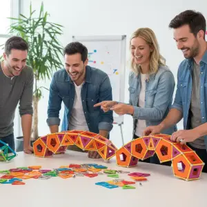 Groupe d'adultes en entreprise collaborant pour construire un grand pont en barrettes et sphères Geomag lors d'un atelier Team Building Mag4play à Lyon, dans le Rhône, en Rhône-Alpes et en Suisse romande.