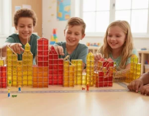 Photographie montrant un groupe d'enfants de 6 à 10 ans en plein atelier périscolaire, collaborant avec enthousiasme pour construire une "ville du futur". Ils utilisent des barres et billes Geomag pour ériger des gratte-ciels, des maisons et des infrastructures urbaines sur une grande table, illustrant l'apprentissage de l'architecture et du vivre-ensemble par le jeu