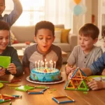 Photographie vivante d'un groupe d'enfants (4-12 ans) lors d'un anniversaire Mag4play, riant et souriant tout en construisant ensemble une structure Geomag géante. Les enfants sont capturés en plein moment de jeu créatif, entourés de ballons et d'une décoration festive, illustrant une expérience d'anniversaire mémorable et sans stress à Lyon