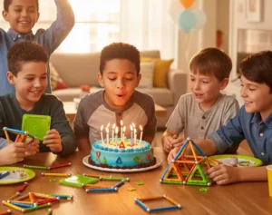 Photographie vivante d'un groupe d'enfants (4-12 ans) lors d'un anniversaire Mag4play, riant et souriant tout en construisant ensemble une structure Geomag géante. Les enfants sont capturés en plein moment de jeu créatif, entourés de ballons et d'une décoration festive, illustrant une expérience d'anniversaire mémorable et sans stress à Lyon
