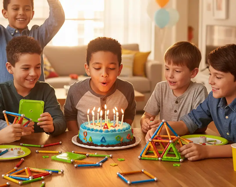 Photographie vivante d'un groupe d'enfants (4-12 ans) lors d'un anniversaire Mag4play, riant et souriant tout en construisant ensemble une structure Geomag géante. Les enfants sont capturés en plein moment de jeu créatif, entourés de ballons et d'une décoration festive, illustrant une expérience d'anniversaire mémorable et sans stress à Lyon