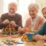 Photographie apaisante d'un groupe de seniors participant à un atelier cognitif Mag4play dans une résidence à Lyon. Les participants, installés autour d'une table, manipulent avec précision des pièces Geomag pour réaliser des formes géométriques, sous le regard bienveillant d'un animateur. L'image transmet une atmosphère de sérénité, de concentration et de partage social