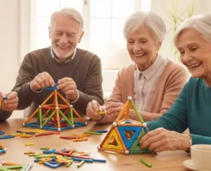 Photographie apaisante d'un groupe de seniors participant à un atelier cognitif Mag4play dans une résidence à Lyon. Les participants, installés autour d'une table, manipulent avec précision des pièces Geomag pour réaliser des formes géométriques, sous le regard bienveillant d'un animateur. L'image transmet une atmosphère de sérénité, de concentration et de partage social