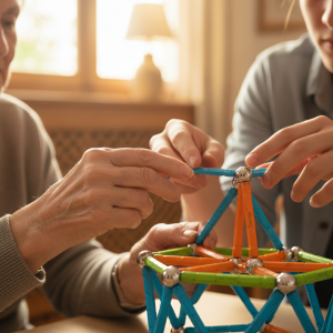 Gros plan sur les mains d'un senior et d'un adolescent assemblant ensemble une structure Geomag lors d'un atelier intergénérationnel Mag4play dans un EHPAD à Lyon, dans le Rhône. Ce visuel souligne la complicité et la stimulation cognitive partagée en région Rhône-Alpes et en Suisse romande