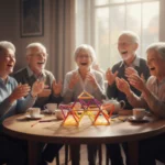Groupe de seniors souriants et complices assemblant une structure géante en Geomag lors d'un atelier cognitif Mag4play à Lyon. Ce visuel illustre le plaisir de créer ensemble et le renforcement des liens sociaux pour les résidents du Rhône et de la région Rhône-Alpes