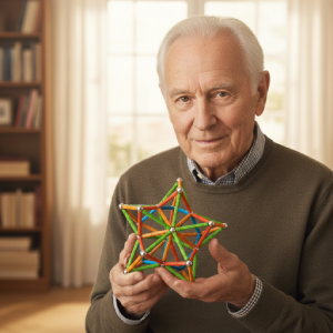 Un senior présente avec fierté une étoile symétrique réalisée en Geomag lors d'un atelier cognitif Mag4play à Lyon, dans le Rhône. Ce visuel illustre la stimulation de la mémoire et de la motricité fine pour les aînés en région Rhône-Alpes et en Suisse romande