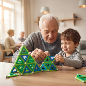Un grand-père et son petit-fils collaborent pour ériger une pyramide Geomag lors d'un atelier cognitif Mag4play à Lyon, renforçant les liens familiaux dans le Rhône. Ce moment d'échange en région Rhône-Alpes et en Suisse romande met en avant la stimulation cognitive par le jeu magnétique