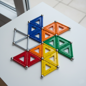 Construction d'une rosace géométrique complexe en Geomag sur une table, réalisée lors d'un atelier cognitif Mag4play pour stimuler la concentration à Lyon, dans le Rhône. Ce visuel illustre la précision et la créativité offertes par les jeux magnétiques en région Rhône-Alpes et en Suisse romande.