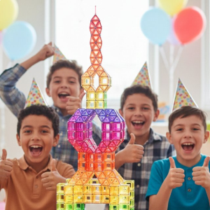 Photographie haute définition de style réaliste montrant un groupe de cinq enfants (6-10 ans) rayonnants de joie, posant fièrement devant une tour monumentale construite en barres et sphères Geomag multicolores. La scène se déroule dans un salon lumineux décoré pour un anniversaire, avec des ballons festifs créant un arrière-plan flou (bokeh) qui accentue les sourires éclatants des enfants et la structure géométrique complexe