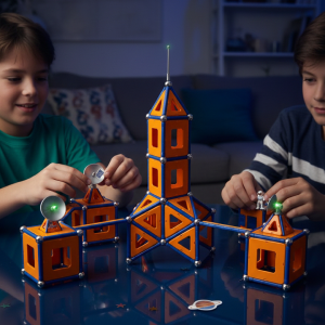 Gros plan créatif d'une construction Geomag représentant une fusée et une base spatiale détaillée, posées sur une table bleu nuit pour simuler l'espace. Des mains d'enfants s'affairent à ajouter les dernières billes et tiges magnétiques sous un éclairage tamisé, créant une ambiance de mission spatiale captivante lors d'un anniversaire Mag4play à Lyon ou en Suisse romande