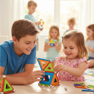 Photographie touchante montrant un grand frère (10 ans) aidant avec douceur sa petite sœur (4 ans) à poser une bille magnétique sur une structure Geomag lors d'un anniversaire Mag4play à Lyon. Le focus est mis sur l'entraide intergénérationnelle et les sourires complices, avec un arrière-plan flou montrant d'autres enfants jouant ensemble dans le Rhône, en Rhône-Alpes ou en Suisse romande