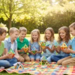 Photographie lifestyle d'un groupe d'enfants (6-11 ans) assis en cercle sur une nappe dans un jardin ensoleillé, construisant des structures Geomag avec Mag4play à Lyon. Le décor inclut de l'herbe et des arbres sous une lumière naturelle, illustrant un anniversaire en extérieur dans le Rhône, en Rhône-Alpes ou en Suisse romande