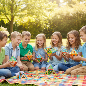 Photographie lifestyle d'un groupe d'enfants (6-11 ans) assis en cercle sur une nappe dans un jardin ensoleillé, construisant des structures Geomag avec Mag4play à Lyon. Le décor inclut de l'herbe et des arbres sous une lumière naturelle, illustrant un anniversaire en extérieur dans le Rhône, en Rhône-Alpes ou en Suisse romande