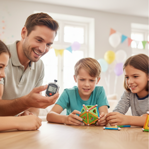 Enfants participant à un défi de construction Geomag chronométré lors d'un anniversaire Mag4play à Lyon, dans le Rhône. Cette animation ludique en région Rhône-Alpes et Suisse romande stimule la rapidité et la cohésion d'équipe sous l'œil attentif d'un animateur
