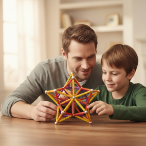 Un papa et son fils admirent avec fierté leur construction Geomag réalisée ensemble lors d'un atelier anniversaire à Lyon, dans le Rhône, illustrant la complicité familiale en région Rhône-Alpes et en Suisse romande.