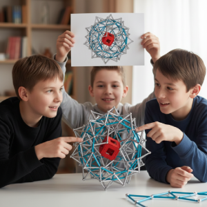 Enfants fiers de leur construction magnétique complexe réalisée pendant un atelier anniversaire Mag4play, parfaitement conforme au modèle dessiné sur la fiche d’activité.
