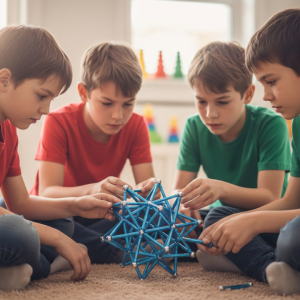 Groupe d'enfants collaborant joyeusement pour construire une structure géante en Geomag lors d'un atelier anniversaire Mag4play à Lyon. Ce visuel souligne l'esprit d'équipe et la créativité partagée durant une fête organisée dans le Rhône ou en Rhône-Alpes