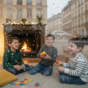 À travers une vitre sous un temps pluvieux, des enfants heureux jouent au sol dans un salon chaleureux avec des Geomag lors d'un anniversaire Mag4play à Lyon, dans le Rhône. Ce visuel illustre le confort et la joie d'une animation en intérieur en région Rhône-Alpes et Suisse romande