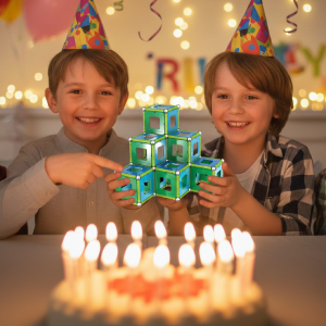 Enfants manipulant des cubes magnétiques Geomag pour assembler une structure géométrique stable lors d'une fête d'anniversaire Mag4play. Ce visuel illustre l'aspect ludique et la facilité de prise en main des cubes magnétiques pour les plus jeunes.
