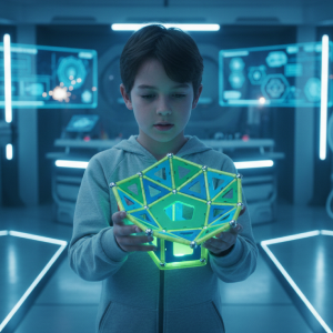 Enfant présentant fièrement sa construction Geomag en forme de parabole satellite lors d'un anniversaire thématique "Mission dans l'Espace" avec Mag4play à Lyon, dans le Rhône. Cette animation créative en région Rhône-Alpes et Suisse romande permet d'explorer les technologies spatiales par le jeu.