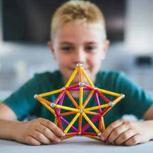 Zoom sur une étoile géométrique complexe en Geomag avec, en arrière-plan flou, un enfant rayonnant de bonheur lors d'un atelier anniversaire Mag4play à Lyon. Ce visuel souligne la satisfaction personnelle et la réussite éducative dans le Rhône, en région Rhône-Alpes et en Suisse romande