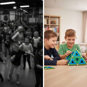 Composition visuelle montrant à gauche des scènes de loisirs bruyants (parcs de jeux bondés, bruit) et à droite, une activité Mag4play calme, intelligente et ludique où des enfants construisent des structures magnétiques lors d'un anniversaire à Lyon. Ce contraste met en avant la sérénité et la stimulation cognitive en région Rhône-Alpes