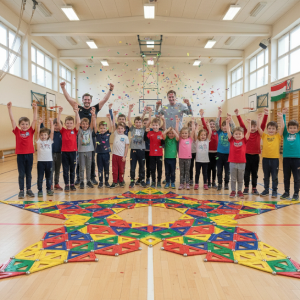 Photographie grand angle prise dans un gymnase lumineux, montrant un groupe de 30 enfants (6-12 ans) et deux animateurs Mag4play posant bras levés en signe de victoire. Au sol, une immense fresque géométrique colorée en Geomag témoigne d'un projet collaboratif réussi lors d'un atelier en centre de loisirs à Lyon, dans le Rhône, en Rhône-Alpes ou en Suisse romande