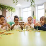 Enfants créant des fleurs colorées en Geomag lors d'un atelier Mag4play en centre de loisirs à Lyon dans le Rhône. Ce visuel illustre l'imagination des jeunes participants en région Rhône-Alpes et en Suisse romande