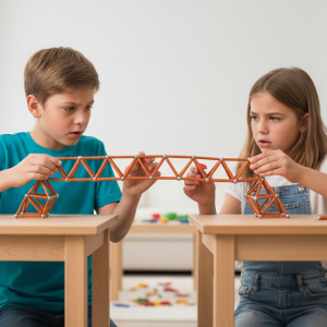Deux enfants travaillant en équipe pour relier leurs tables avec un pont suspendu en Geomag lors d'un atelier Mag4play en centre de loisirs à Lyon. Ce visuel illustre l'ingéniosité et la coopération entre jeunes participants dans le Rhône