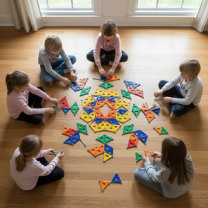 Vue de dessus d'un groupe d'enfants assis en rond dans un centre de loisirs à Lyon, collaborant pour assembler une rosace géante en Geomag lors d'un atelier Mag4play. Cette animation en Suisse romande et dans le Rhône met en avant la cohésion d'équipe et la vision géométrique