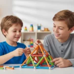 Un grand garçon guide un enfant plus jeune pour assembler une pyramide Geomag lors d'un atelier Mag4play en centre de loisirs à Lyon, favorisant l'entraide dans le Rhône. Ce moment de transmission en région Rhône-Alpes et Suisse romande souligne la dimension sociale du jeu de construction