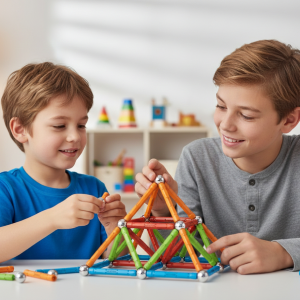 Un grand garçon guide un enfant plus jeune pour assembler une pyramide Geomag lors d'un atelier Mag4play en centre de loisirs à Lyon, favorisant l'entraide dans le Rhône. Ce moment de transmission en région Rhône-Alpes et Suisse romande souligne la dimension sociale du jeu de construction