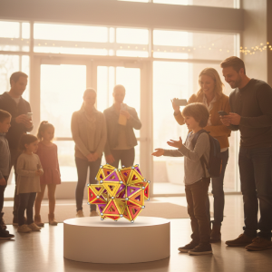 Enfants et parents réunis dans un centre de loisirs à Lyon pour admirer des structures Geomag complexes réalisées durant un atelier Mag4play en région Rhône-Alpes ou en Suisse romande. Ce visuel souligne la réussite collective et l'échange intergénérationnel favorisé par les jeux de construction dans le département du Rhône.