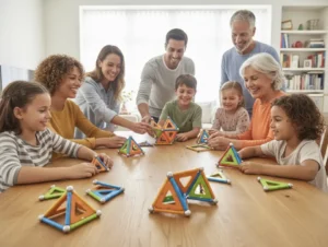 Scène familiale chaleureuse montrant trois générations réunies autour d’un atelier Mag4play : un enfant, ses parents et ses grands-parents construisent ensemble une structure colorée en barres et billes Geomag, concentrés et souriants, autour d’une grande table lumineuse dans un salon convivial
