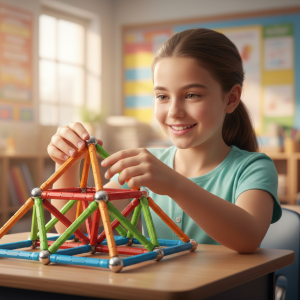 Portrait en intérieur d'une écolière (7-8 ans) terminant la construction d'une pyramide à base carrée en Geomag lors d'un atelier périscolaire Mag4play à Lyon. Son regard exprime l'intelligence et la fierté face à sa réalisation STEM, avec un arrière-plan flou de salle de classe dans le Rhône, en Rhône-Alpes ou en Suisse romande