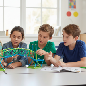 Un groupe d'enfants concentrés construit un pont suspendu complexe en utilisant des barrettes et des sphères Geomag lors d'un atelier périscolaire Mag4play à Lyon. Ce visuel illustre le travail d'équipe et la découverte des principes de physique en région Rhône-Alpes et dans le Rhône