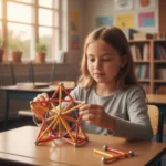Jeune fille concentrée sur la réalisation d'une étoile symétrique en Geomag lors d'un atelier périscolaire Mag4play à Lyon, dans le Rhône. Ce visuel illustre le développement de la motricité et de la logique en région Rhône-Alpes et en Suisse romande