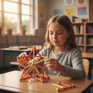 Jeune fille concentrée sur la réalisation d'une étoile symétrique en Geomag lors d'un atelier périscolaire Mag4play à Lyon, dans le Rhône. Ce visuel illustre le développement de la motricité et de la logique en région Rhône-Alpes et en Suisse romande