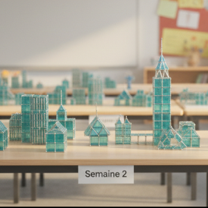 Construction d'une ville miniature en Geomag réalisée collectivement par des enfants lors d'un atelier périscolaire Mag4play à Lyon, dans le Rhône. Ce projet d'urbanisme magnétique en région Rhône-Alpes et Suisse romande favorise la coopération et la vision spatiale