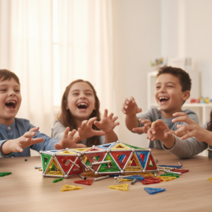 Groupe d'enfants en atelier périscolaire à Lyon travaillant ensemble pour reconstruire une tour Geomag après son écroulement, démontrant leur résilience et leur capacité d'apprentissage dans le Rhône. Ce visuel illustre la pédagogie par l'expérimentation proposée par Mag4play en région Rhône-Alpes et en Suisse romande